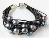 wholesale price 16new 15strands genuine black pearls black leather bracelet magnet e2365