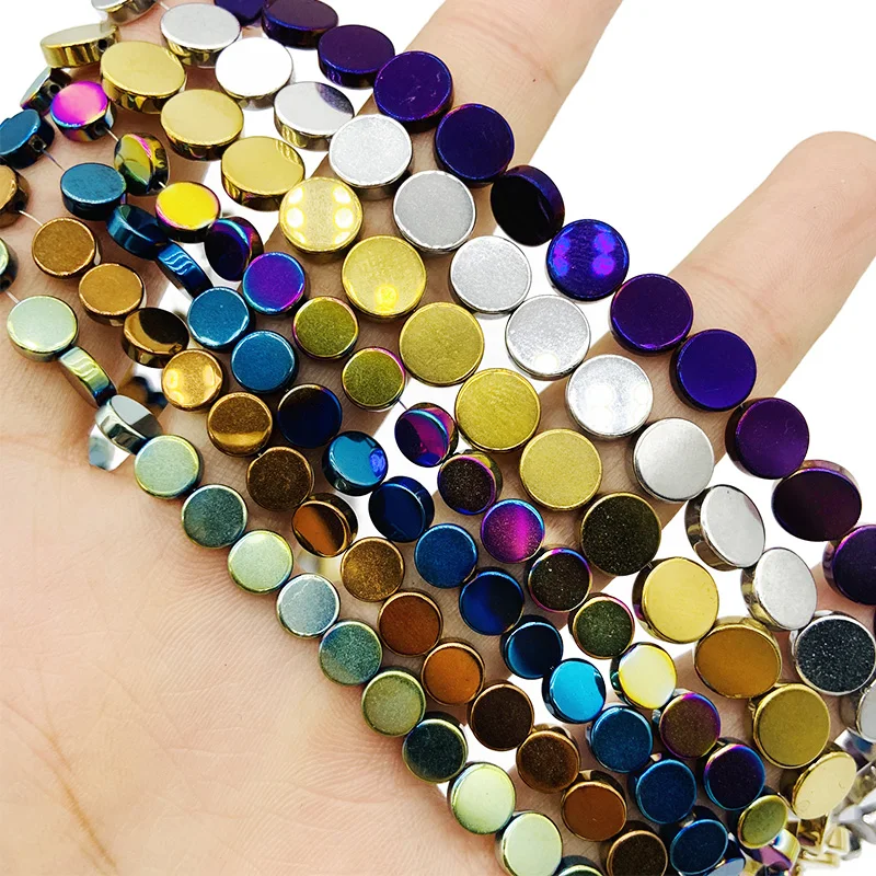 

RBFHYER Blue,Green,Rose Red,Purple Flat COINS Hematite Natural Stone 6/8mm Round Loose Beads For Jewelry Accessories Making DIY