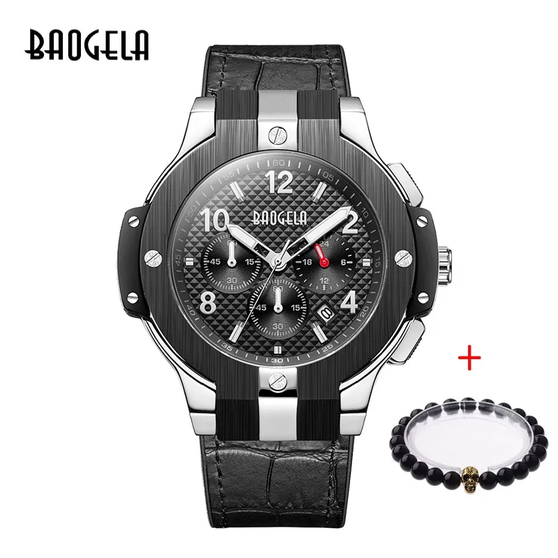 BAOGELA marque hommes montre Quartz montre ou bande de caoutchouc 3ATM resistant А 'Eau chronographe hommes Quartz 1909 - Цвет: 1909 silver