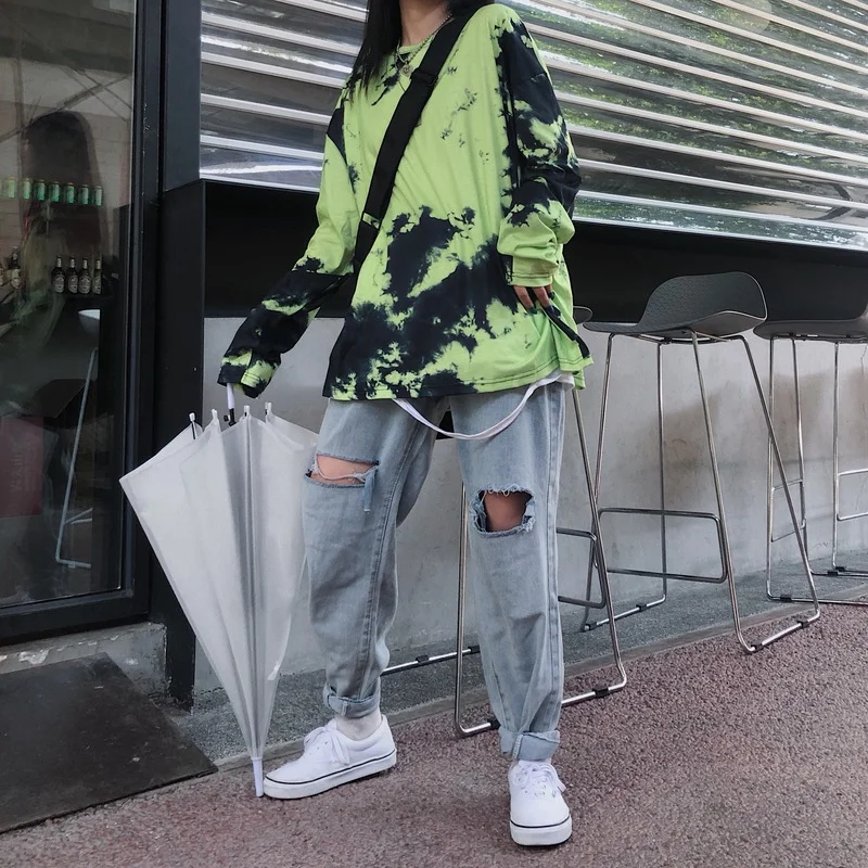

2021 New Korean Version Street Tie-dye Long Sleeve Tshirts Women Autumn Casual Loose Student Preppy Style Harajuku Tops Clothing