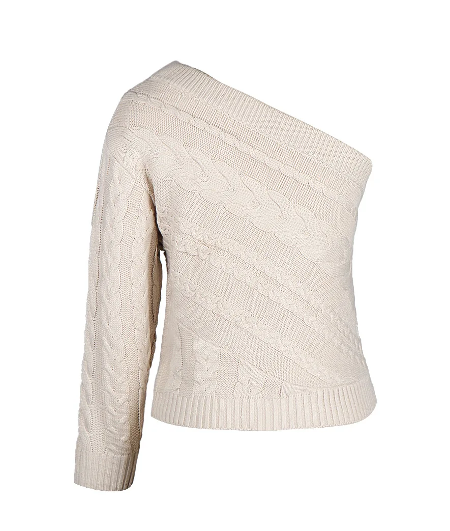 

Spring Autumn Women Long Sleeves Casual Sweaters Sexy One Shoulder Sweater Warm Chic Pullover Knitted Tops Knitwear Apricot
