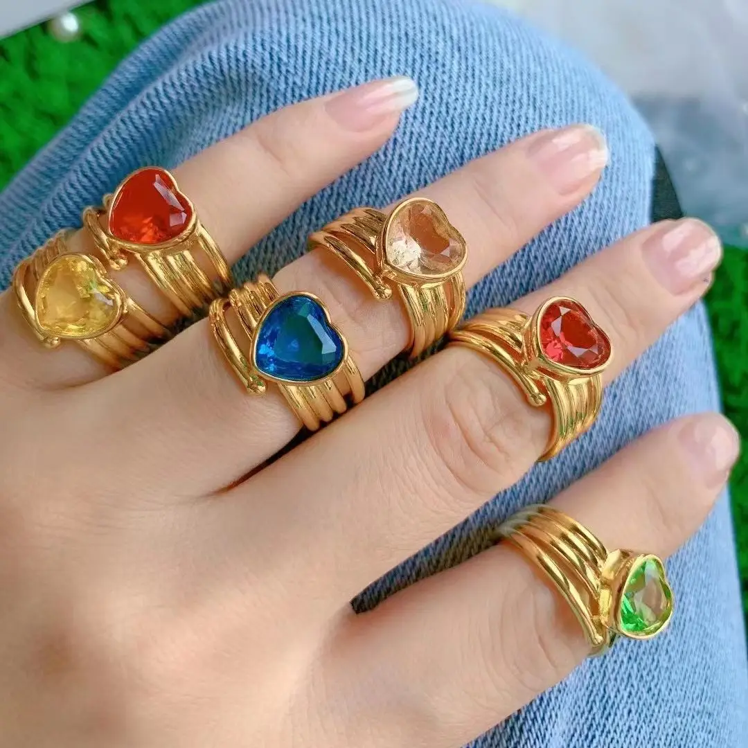 

10 шт., новые блестящие цветные циркониевые кольца в форме сердца, сверкающее Открытое кольцо с кристаллами для женщин и девушек, золотые юве...