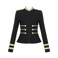 fashion women gilding button navy slim jacket coat motorcycle zip short outwear
