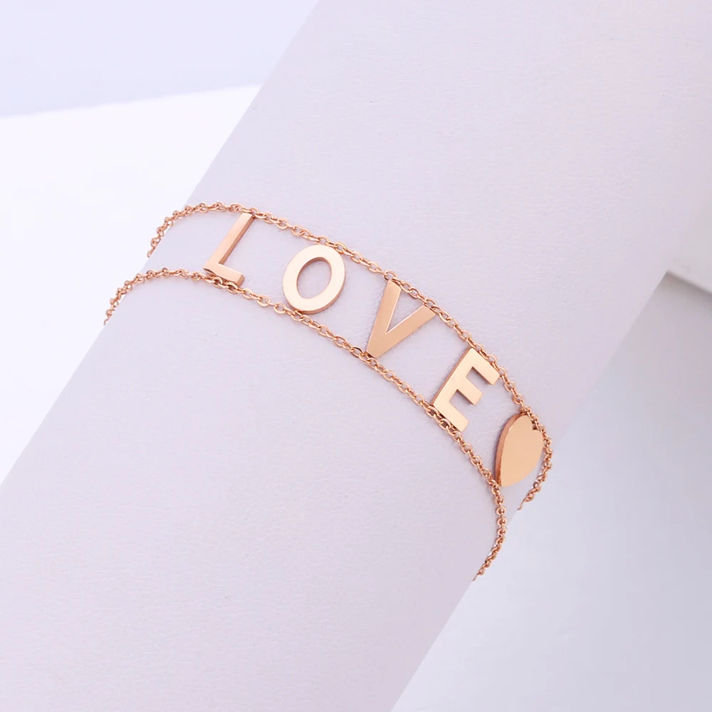 

Rose Gold Heart Charm Bracelets For Women Romantic LOVE Letters Stainless Steel Thin Chain Boho Jewelry 2020 New Accessories