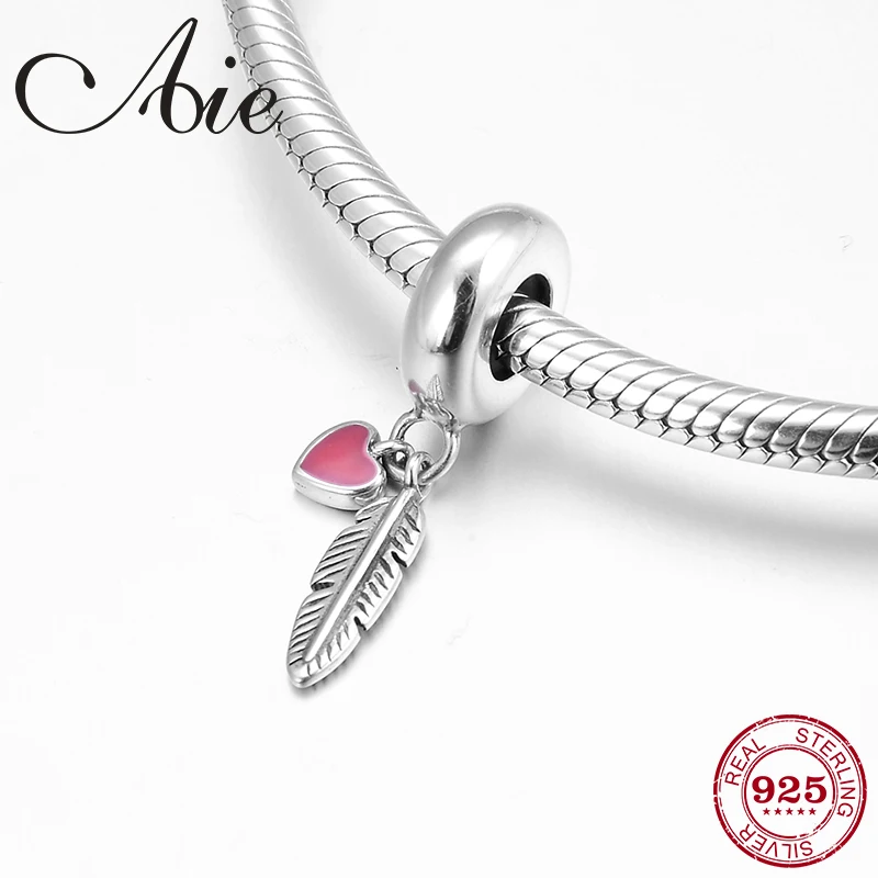Новый браслет из стерлингового серебра 925 пробы с розовым пером и сердечком