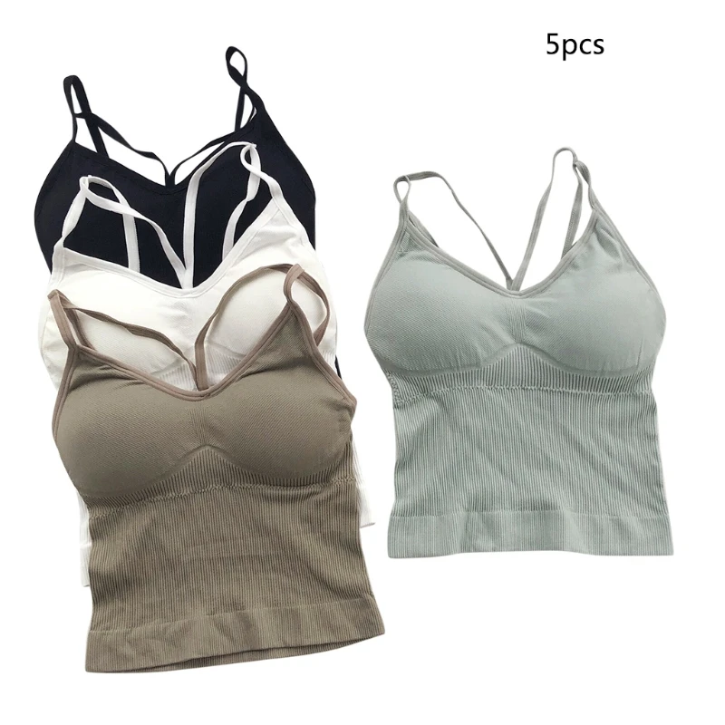 

5 Pieces Women Sexy V Neck Strappy Sport Sleeping Bra Solid Color Wire Free Yoga Workout Camisole Bralette Push-Up Padded M7DD