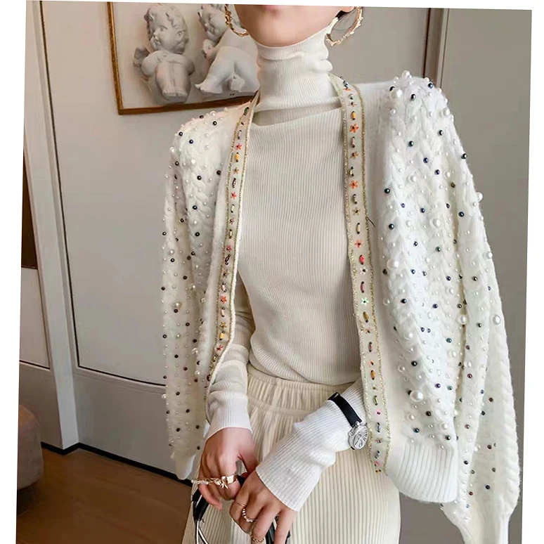 

Шикарный вязаный свитер Стразы с бусинами Женская куртка с V-образным вырезом пальто 2021 осень и зима новый укороченный облегающий вязаный к...