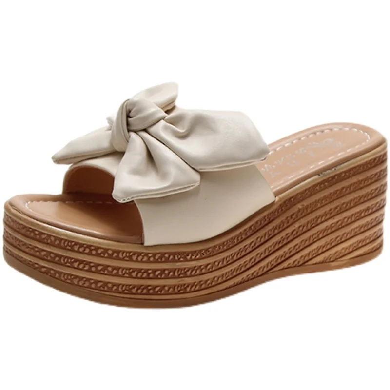 

Peep Toe Slippers Soft Shoes Woman 2021 Heeled Mules Shale Female Beach Butterfly-Knot On A Wedge Luxury Slides Platform Comfort