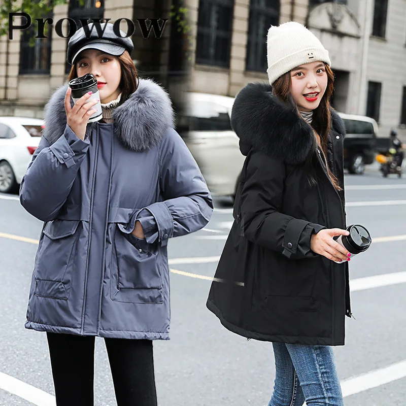 

Prowow Womens Winter Warm Thicken Solid Fur Collar Down Cotton Jackets Female Casual Loose Streetwear Hooded Parkas Coats M-2XL