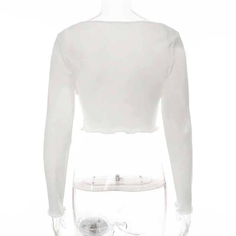 

Womens Blouse Casual Long-sleeved White T-shirt Fashion Solid Color Pleated Square Collar Sexy Exposed Navel Crop Top Tshirt