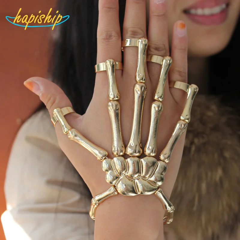 Hapiship Fashion Style Gold Halloween Hand Skull  Skeleton Elastic Bracelet Bangle + Rings RCH Cool Free Shipping