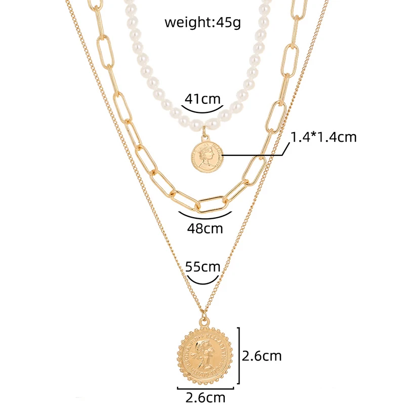 

necklaces for women multi-layered pearl retro hipster portrait embossed necklace Fashion sweater chain Pendants and necklaces
