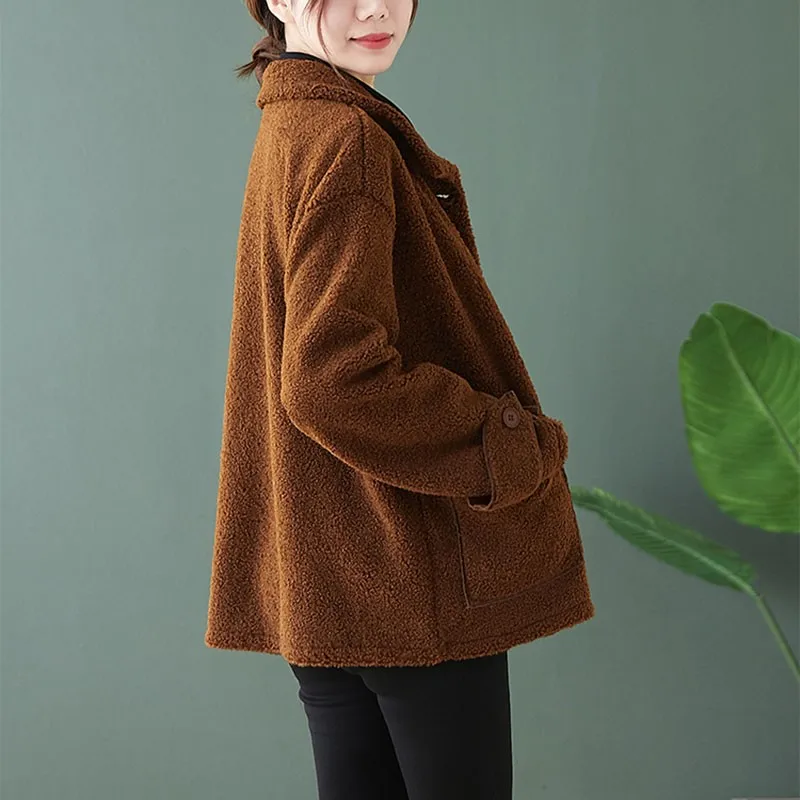 

Women Casual Warm Jackets New 2020 Autumn Winter Korean Simple Style Vintage Solid Color Loose Female Outerwear Coats S2351