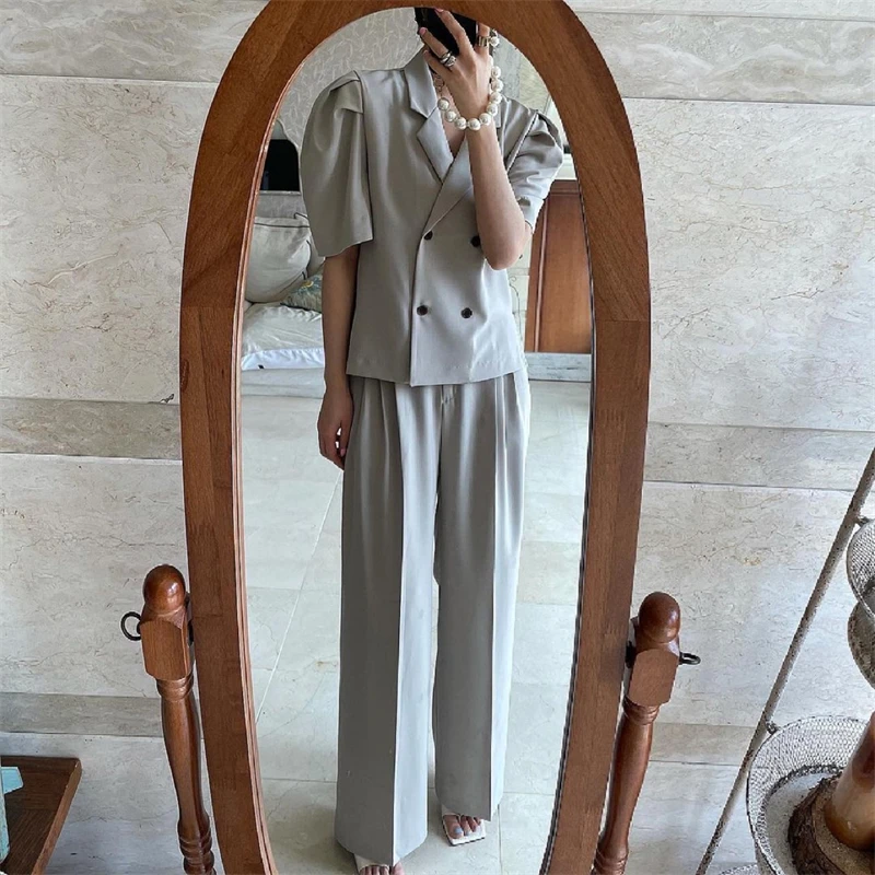 

Vintage Pants Sets Loose 2 Two Piece Set Women Puff Sleeve Shirt and High Waist Long Suit Pants Casual Ensemble Femme Summer