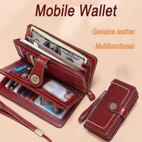 new oil wax cowhide large capacity leather wallet long women mobile cell phone case genuine leather luxury bag for smart phone