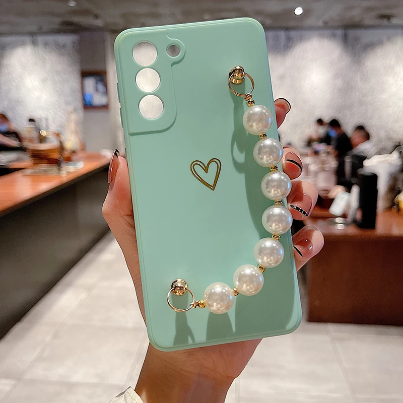 

Luxury Heart-shaped Square Liquid Silicone Phone Case For Samsung Galaxy S21 S20 Plus Note 20 A52 A72 Ultra-thin Bracelet Cover