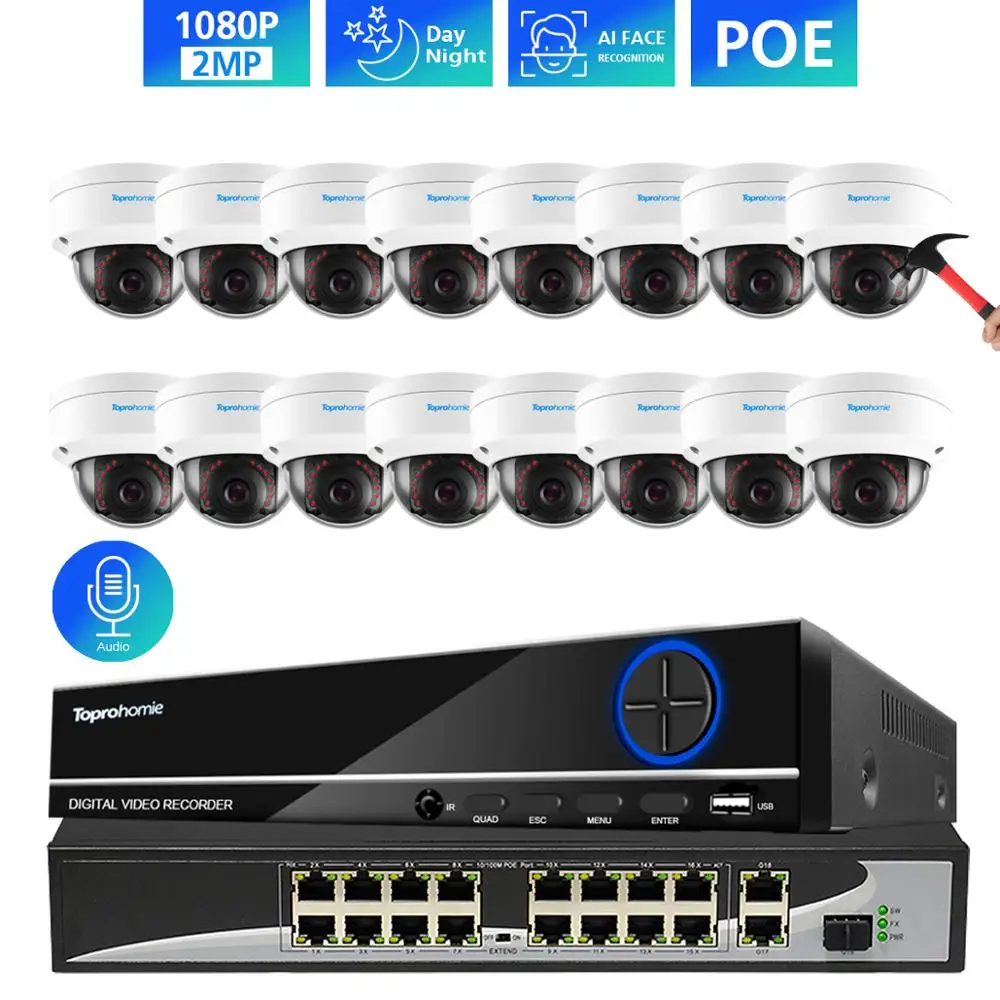 Комплект камер видеонаблюдения TOPROHOMIE H.265 + 16CH 5MP POE NVR система записи звука 2MP 1080P IP