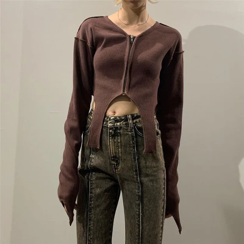 

Indie Aesthetics Patchwork Zipper Ribbed Brown T-shirts Y2K Vintage V-neck Long Sleeve Crop Top Irregular Grunge Outfits Punk