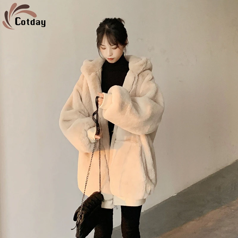 

Cotday Office Lady 2021 Fashion Plush Coat Women's Winter Imitation Rex Rabbit Fur Grass Mid Length New Thickened Hooded Coats