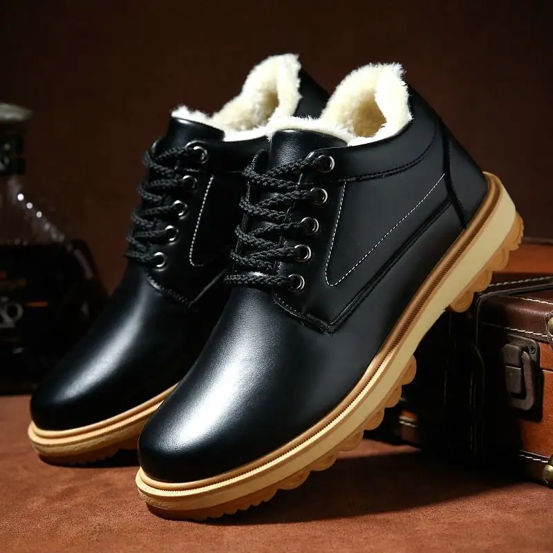 

Winter Leather Men's Boots Thick Fur Warm Ankle Boots Working Men Footwear Waterproof Snow Boots Plus Size