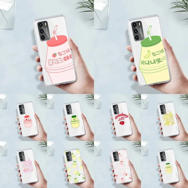 

Strawberry Banana Milk Drink Phone Case Transparent For Huawei MATE P 40 30 20 10 pro plus lite X 5G Soft TPU Clear Mobile bags