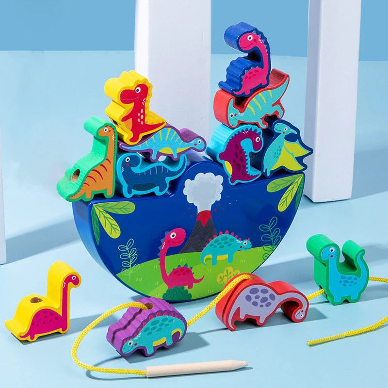 

Children Wooden Beaded Rope Dinosaur Balance Blocks Board Games Toys Educational Stacking High Stringing Building Block Kids Toy