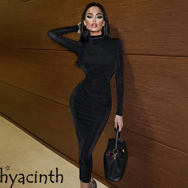 

Осень-зима 2021, женские платья, однотонное женское платье миди с длинным рукавом и рюшами, облегающее Сексуальное вечернее элегантное платье