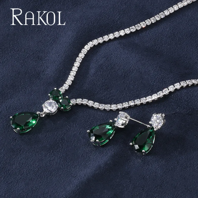 Green RAKOL Новая мода Роскошные AAA циркон форма капли воды ожерелье серьги набор украшений для женщин вечерние свадебное платье аксессуары - Окраска металла: Green