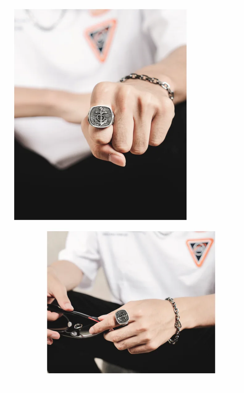 S925 silver Nordic fearless ship anchor man's ring, wide version original design personalized Navy style forefinger ring