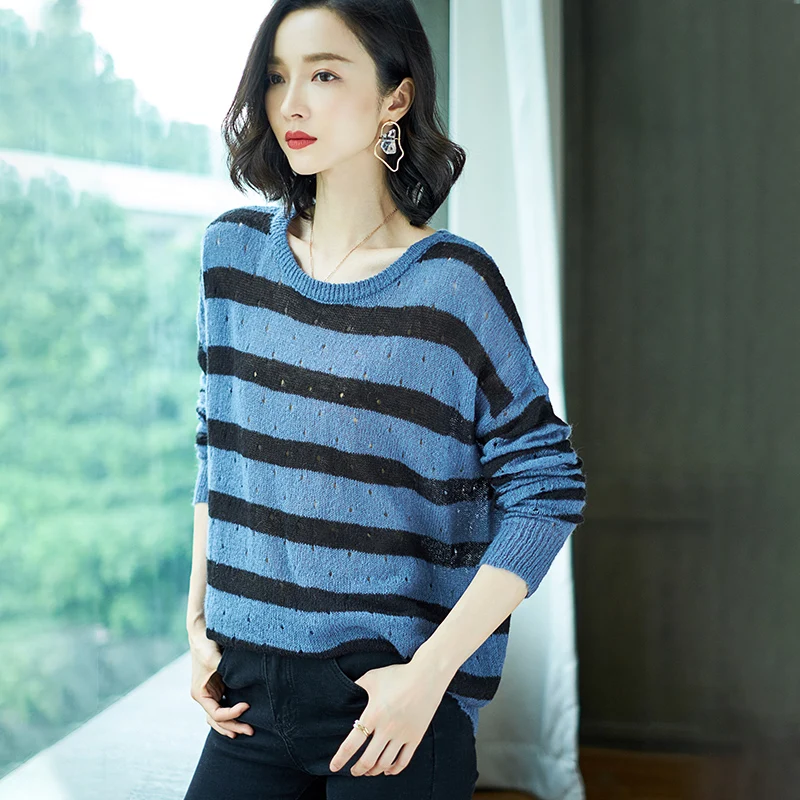 

new cashmere sweater women's Korean round neck sweater bottomed loose and versatile striped knitted pure wool sweater