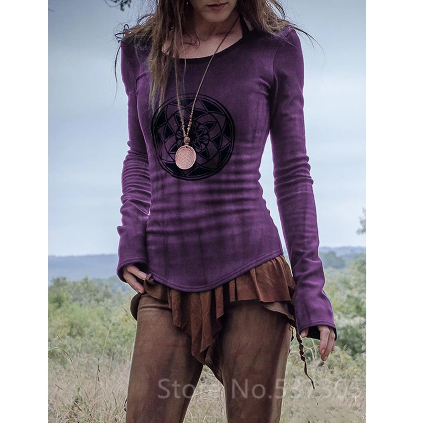 

Halloween Costume for Women Medieval Shirts Vintage Print Long Sleeve Tops Gothic Punk Viking Cosplay Renaissance Fancy Clothing