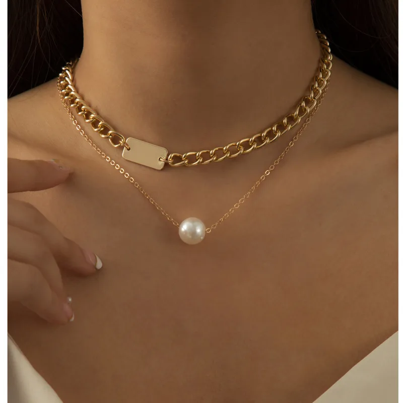 

2 PCS Ins Metal Clavicle Chain Necklace Goth Women's Neck Chain Vintage Bead Pearl Necklace Alloy JewelryForWomenAccessories