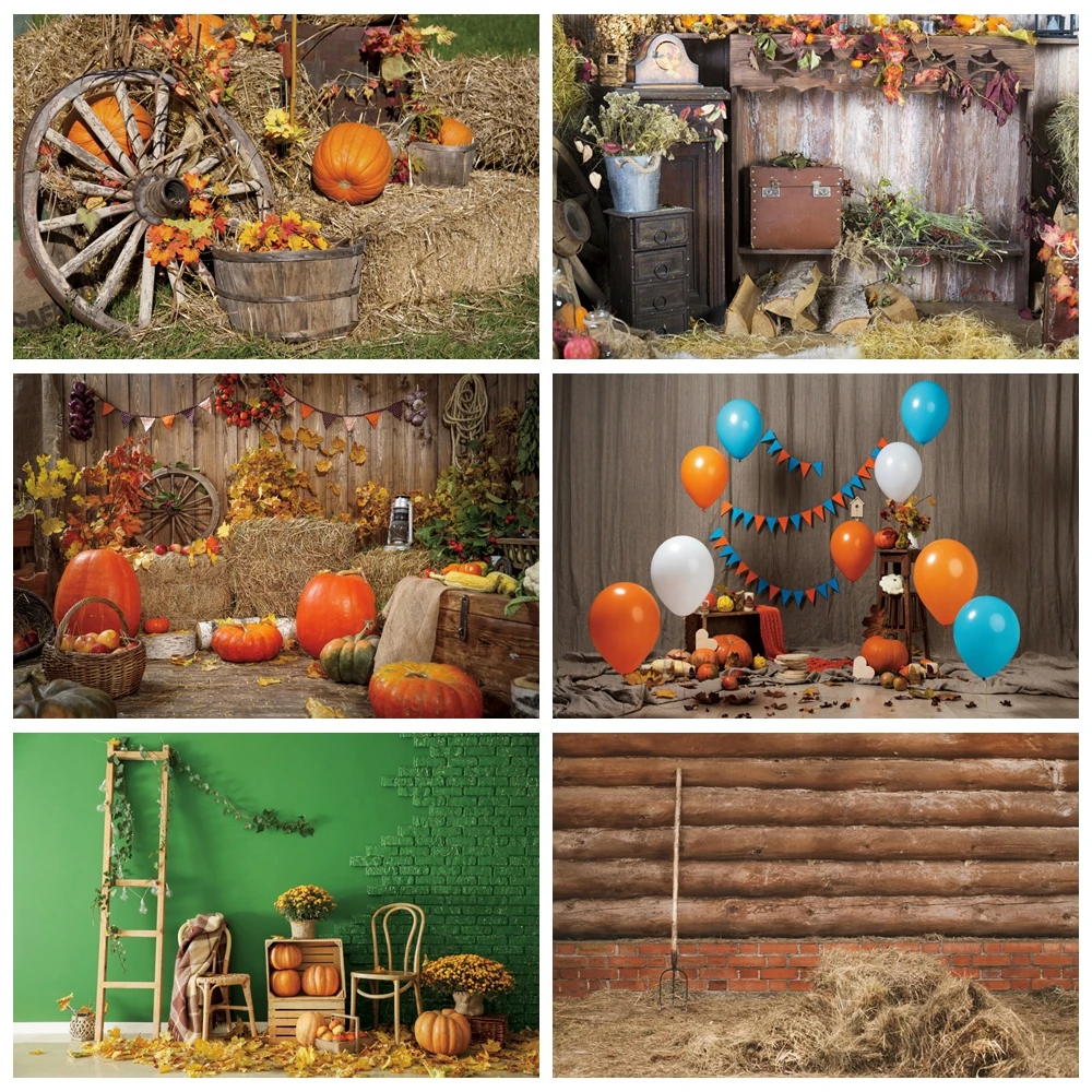 

Laeacco Old Wooden Wheel Warehouse Rural Haystack Pumpkin Maples Baby Newborn Party Portrait Photo Background Photo Backdrops