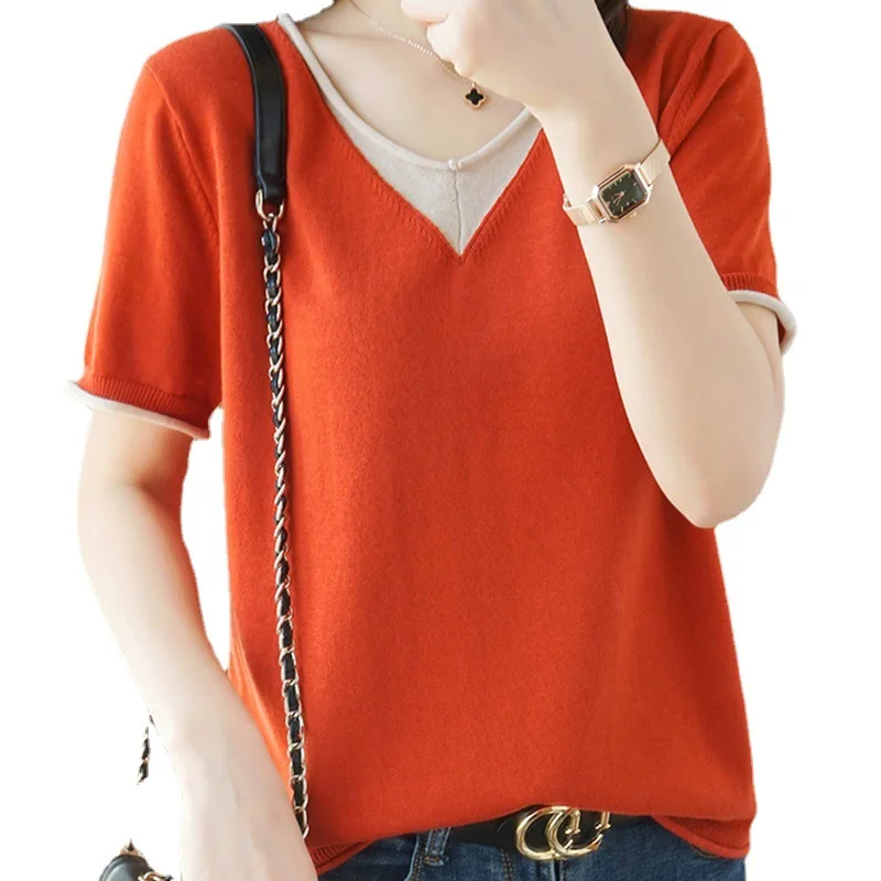 

Summer Women's Knitted Short Sleeve Tops 2021 Female Thin Sweater Jumper Casual V-neck Pullover Ladies Knit Shirt