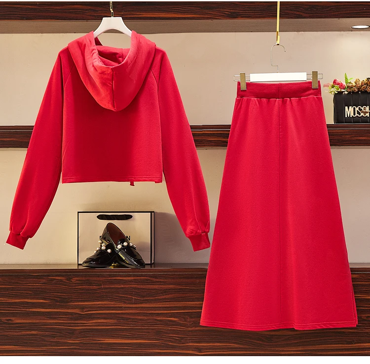 Женский зимний костюм-двойка свитер с капюшоном и трапециевидная юбка размеры до