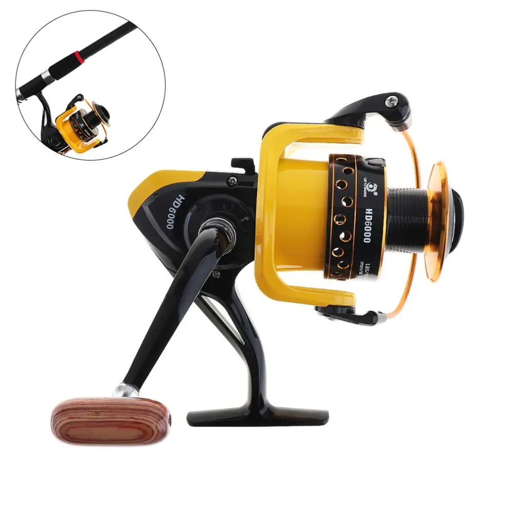 

12BB 6000 Fishing Reel Spinning Wheel with 18KG Drag Power with Double Colour Metal Line Cup Wooden Handle Knob