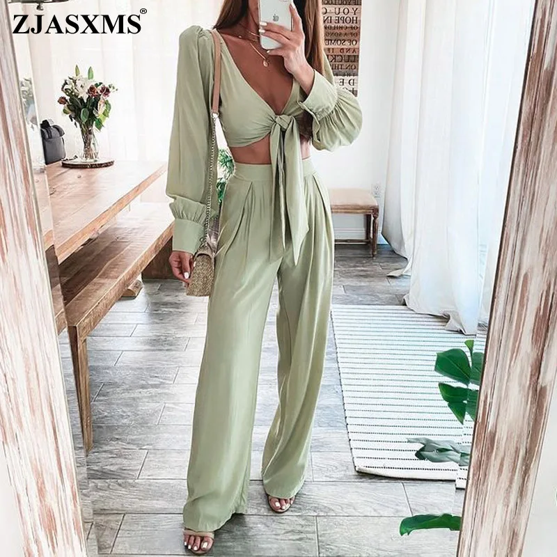 

Women Beach Holiday Two Piece Sets Summer V-neck Tie-up Hollow Out Top + Elastic Waist Pants Suits Spring Solid Fashion Outfits