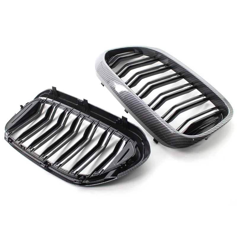 

1 Pair Glossy Black Carbon Fiber Hood Kidney Bars Front Grille Double Line for BMW G30 G38 5-Series 2018-2020