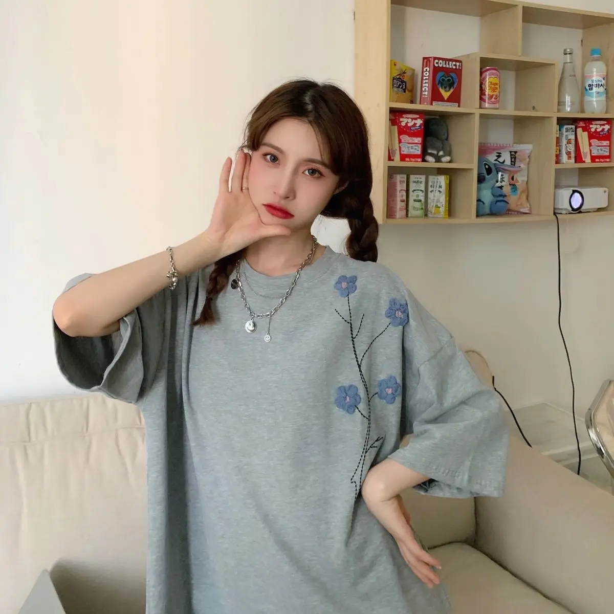 

Summer New Korean Style Loose Student Sense Embroidery Short-Sleeved T-Shirt Women'S Top