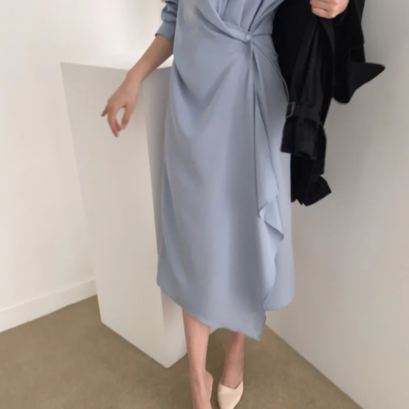 

ZAWAHIKI Dresses For Women French Style Irregular Design Solid A-Line High-Waist Slim Gentleness Temperament Shirt-Dress