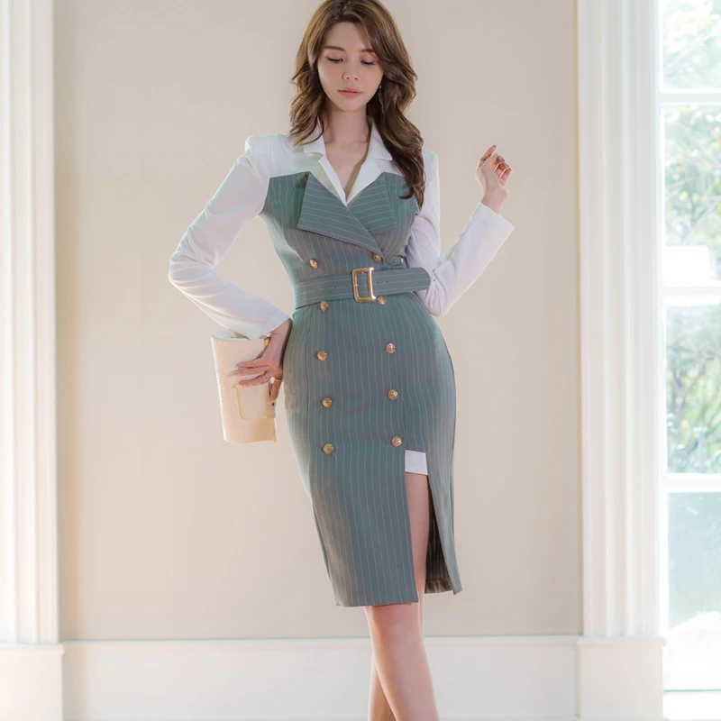 Autumn Winter Women Office Dresses Notched Lapel Splicing Stripes Ladies Slim Tight Knee-length Double-breasted Pencil Dress
