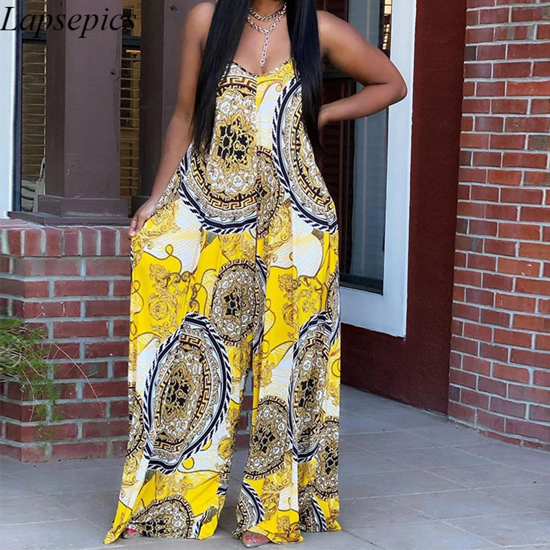 

Женский свободный комбинезон с принтом, повседневный цельный комбинезон без рукавов с широкими штанинами и V-образным вырезом, лето