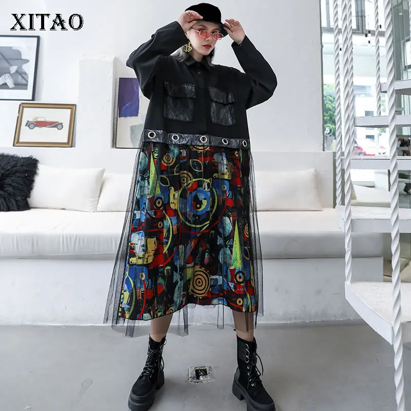 XITAO Mesh Sequin Dress Women Fashion New 2019 Autumn Elegant Turn Down Collar Patchwork Casual Style Loose GCC2084 | Женская одежда