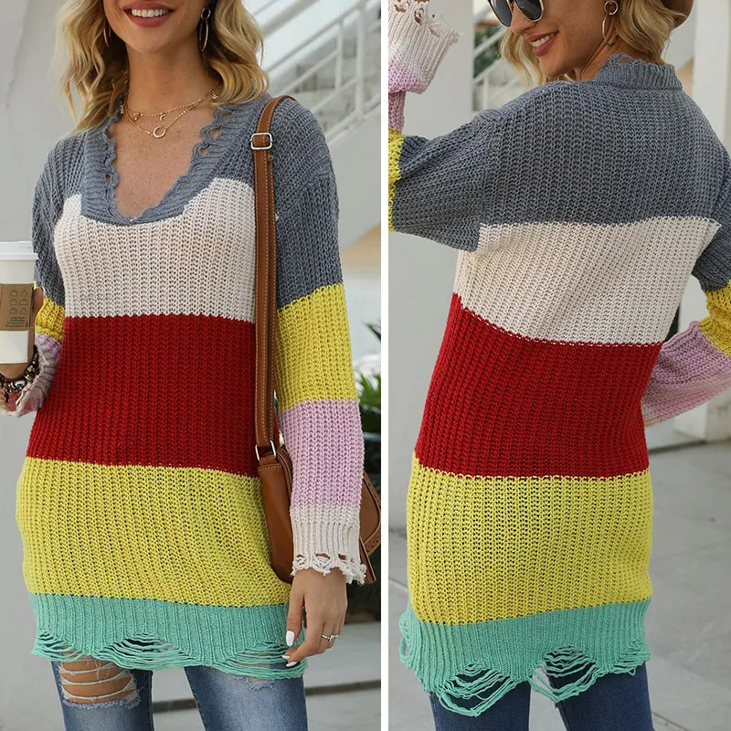 

Striped Print V-Neck Pullover Sweater Women Loose Sweaters Winter Hole Knitted Autumn Tops Oversized Sweater