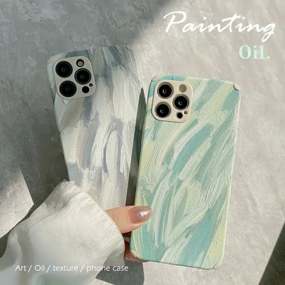 

Creative Oil Painting Art Feather Pattern Apple Silicone Soft Shell Leather Lambskin TPU Material Anti-falling Wear-resisting