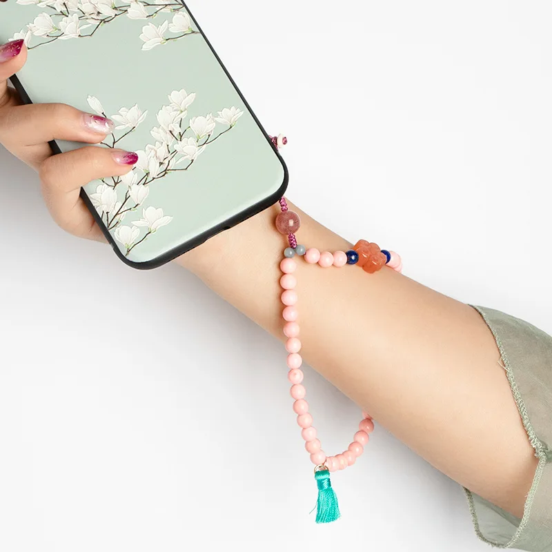 

Original Chinese pink coral shell phone lanyard hand-woven tassel retro phone chain cute art phone case pendant wrist lanyard