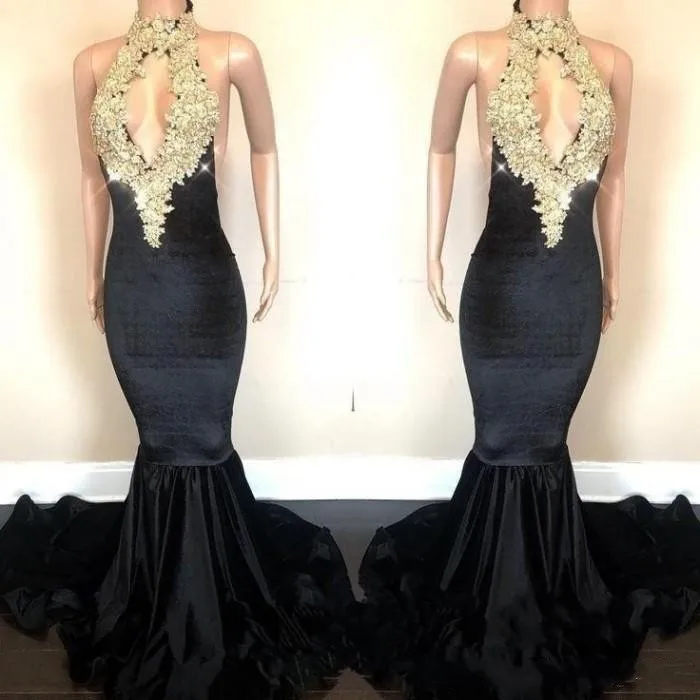 

New Arrival Black Mermaid Prom Dresses Open Back Gold Appliques Sequins Halter Neck Evening Gowns robe de soiree