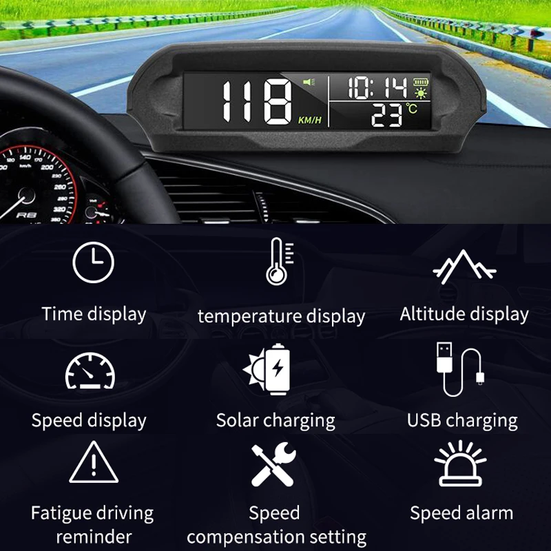 

Universal HUD X98 Car Solar Digital Meter GPS Speedometer Overspeed Alarm Distance Altitude Head Up Display