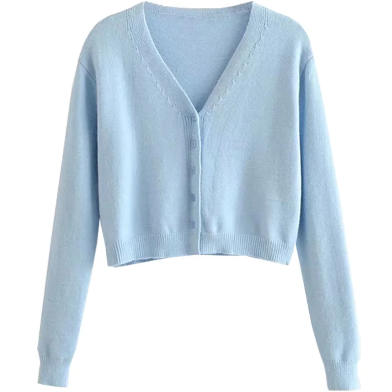 

American Style Girls' Retro V-neck Long Sleeve Knitted Outerwear Cardigan Women Ins Blogger Idle Style High Waist Sweater Short