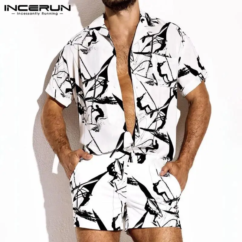 

Summer Men Street Clothing Printing Short Sleeve Jumpsuit Shorts Hawaii Beach Game Leisure Male Jumpsuit 2021 7 Buttons
